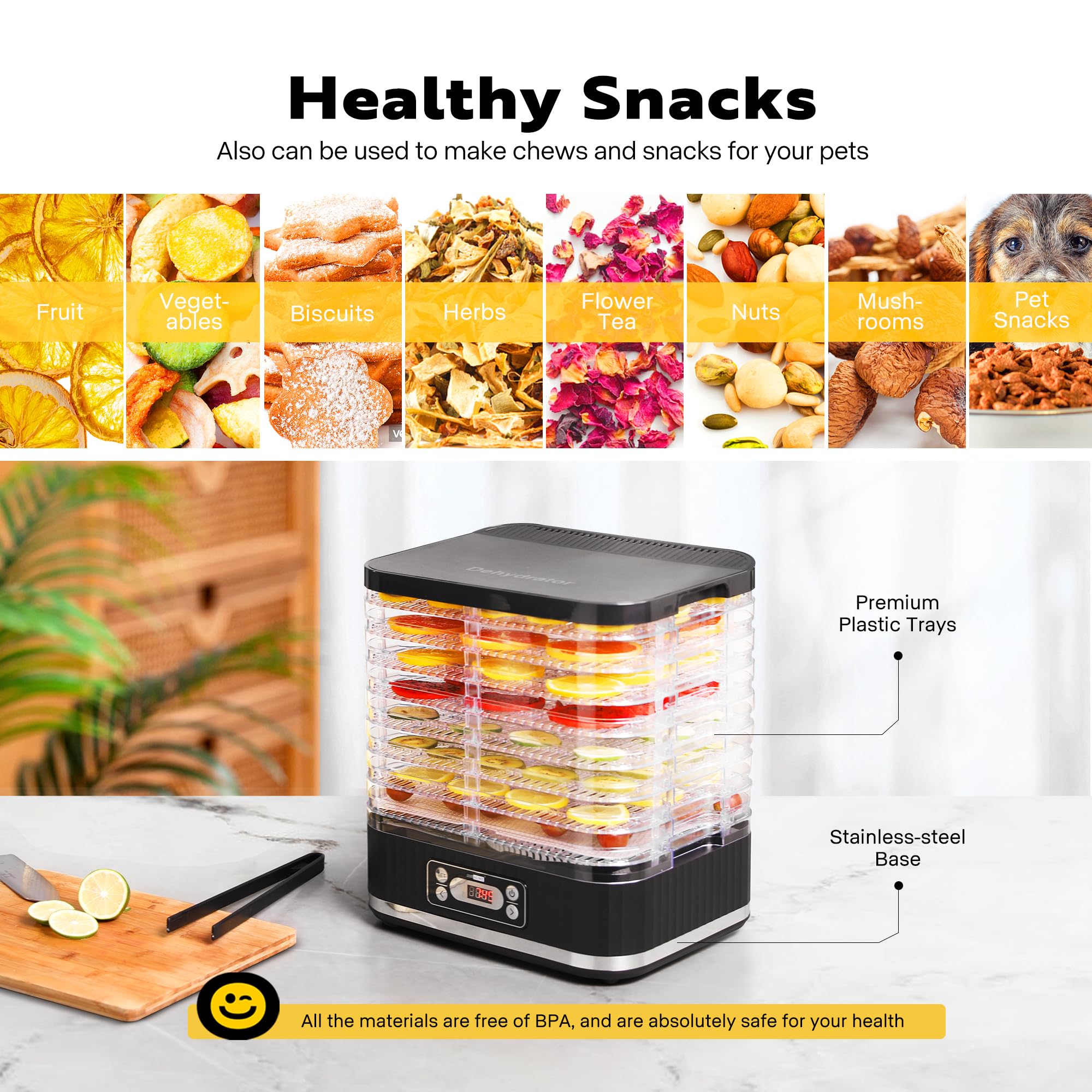 VIVOHOME Dörrautomat mit 8 Einlegefächern 400W BPA frei Dörrgerät mit Temperaturregler von 35°C bis 70°C inkl.72H Timer und Rezept für Fleisch,Obst,Haustier-Leckereiene