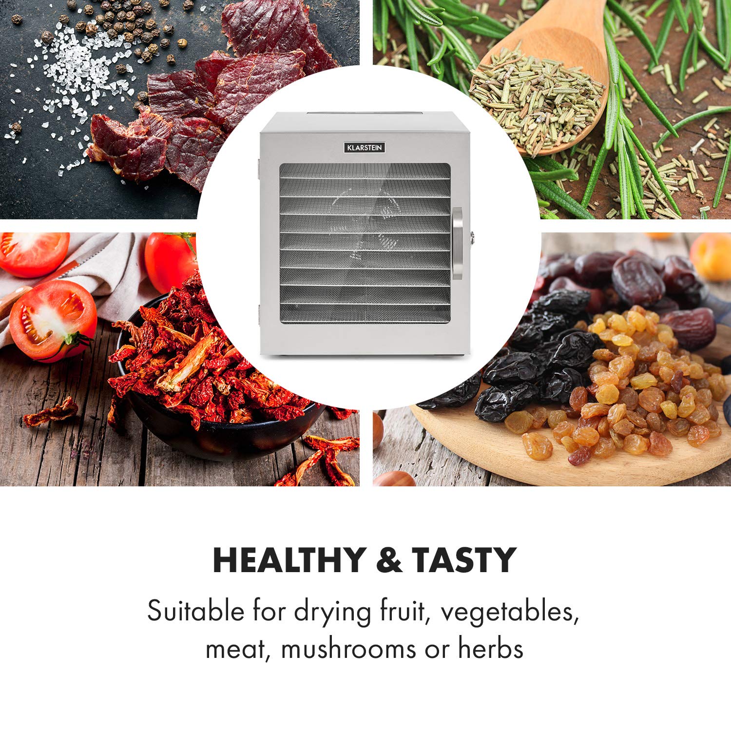 Klarstein Dörrgerät, Dörrautomat für Gemüse, Obst, Pilze & Fleisch, 1500W Edelstahl-Dörrautomat, Trockenautomat mit 16 Metallgitter, Dörrgerät mit 24H Timer & Touch-Display, Food Dehydrator
