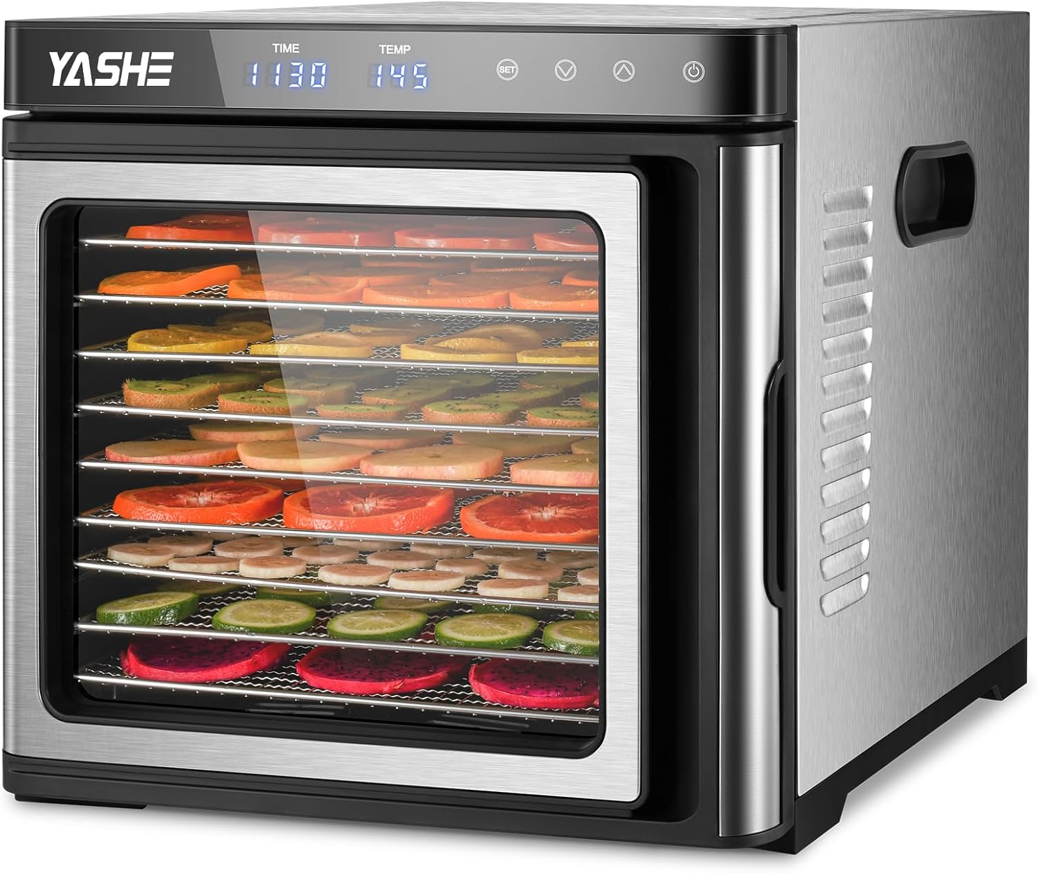 Edelstahl Dörrautomat, 1000W Dörrgerät für Obst und Gemüse mit LED-Anzeige, präziser Temperaturregelung (35-75°C), 48-Stunden-Timer, 9 Edelstahlschalen, 2 Maschensiebe, 1 Schale für Obstrollen